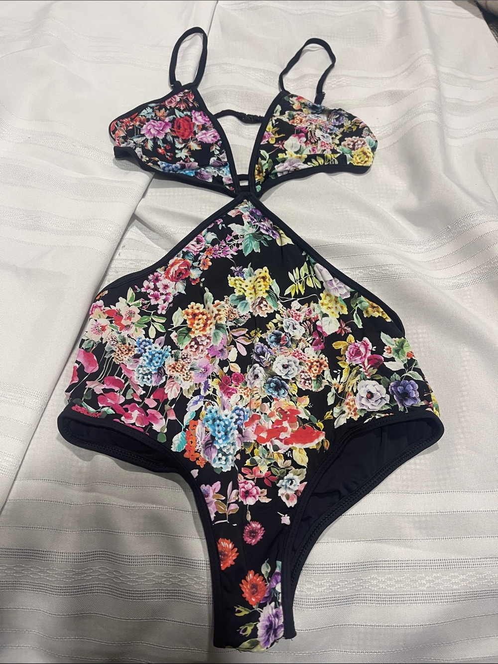 Floral Cutout One-Piece Swimsuit - Black Multi